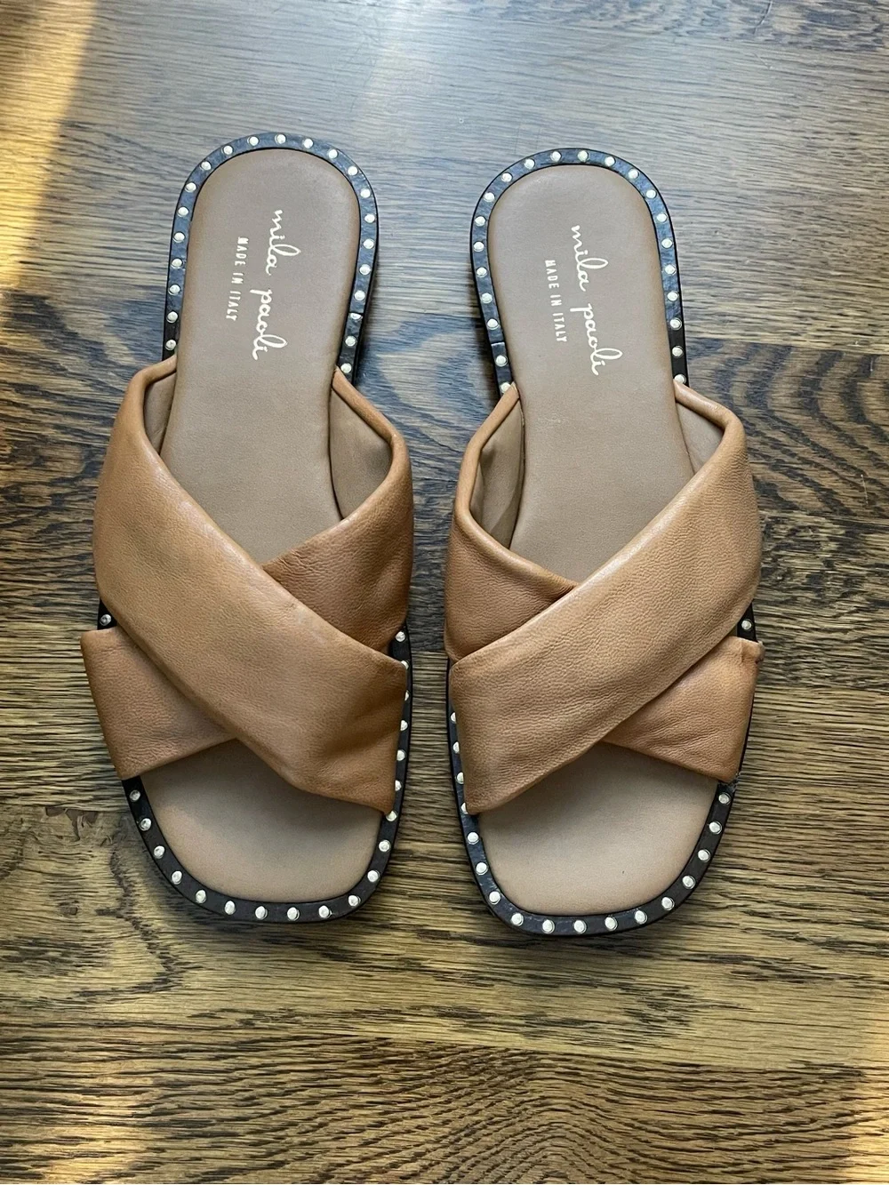 Made in Italy Mila Paoli Tan Leather Crisscross Slide Sandals